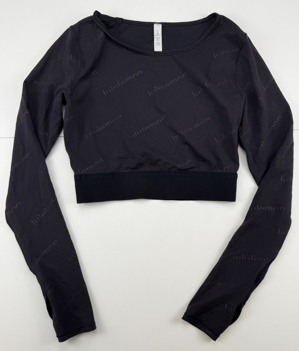 Lululemon Wunder Train Crop Long Sleeve Womens 8 Black Logo Print Workout Top